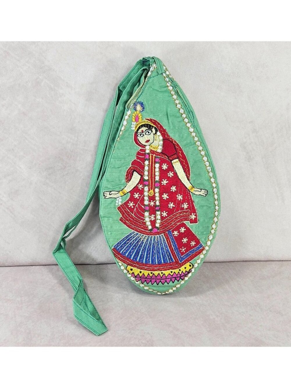Sri Radhe Embroidered Bead Bag Hindu Devotional Prayer Japa Pouch White